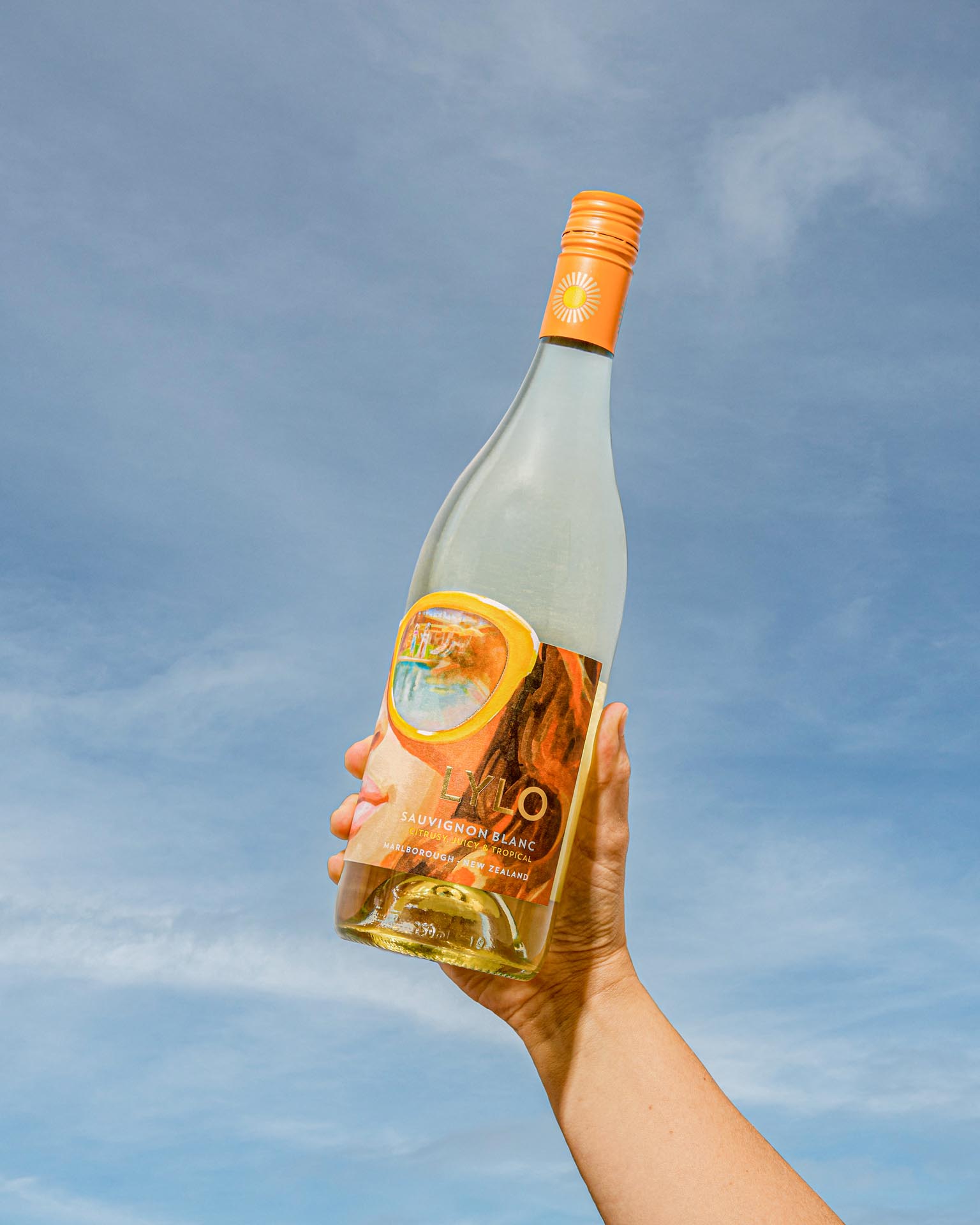 Hand holding a bottle of Sauvignon Blanc against a blue sky. The bottle label features a sun design with orange and yellow hues. The bottle has a screw cap matching the orange theme.