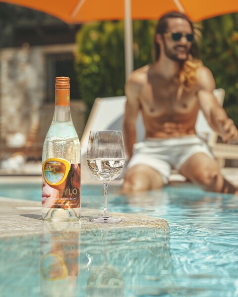 A bottle of white wine and a filled wine glass are placed by the edge of a swimming pool. A person with long hair, wearing shorts, is sitting in the background, partially out of focus. An orange umbrella provides shade.