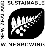 Logo of New Zealand Sustainable Winegrowing featuring a stylized fern leaf with grape-like circles. Text reads "New Zealand Sustainable Winegrowing" in a circular layout around the design.